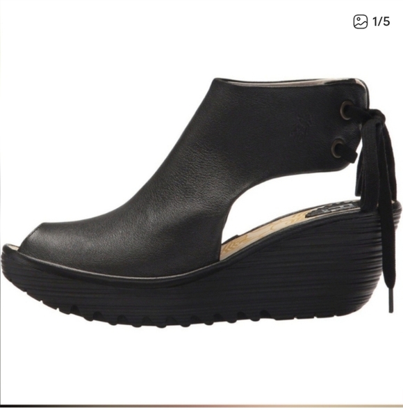 Fly London Yuzu Peep Toe Wedge EU 37 Mousse Black Lace-Up Heel - Picture 1 of 13
